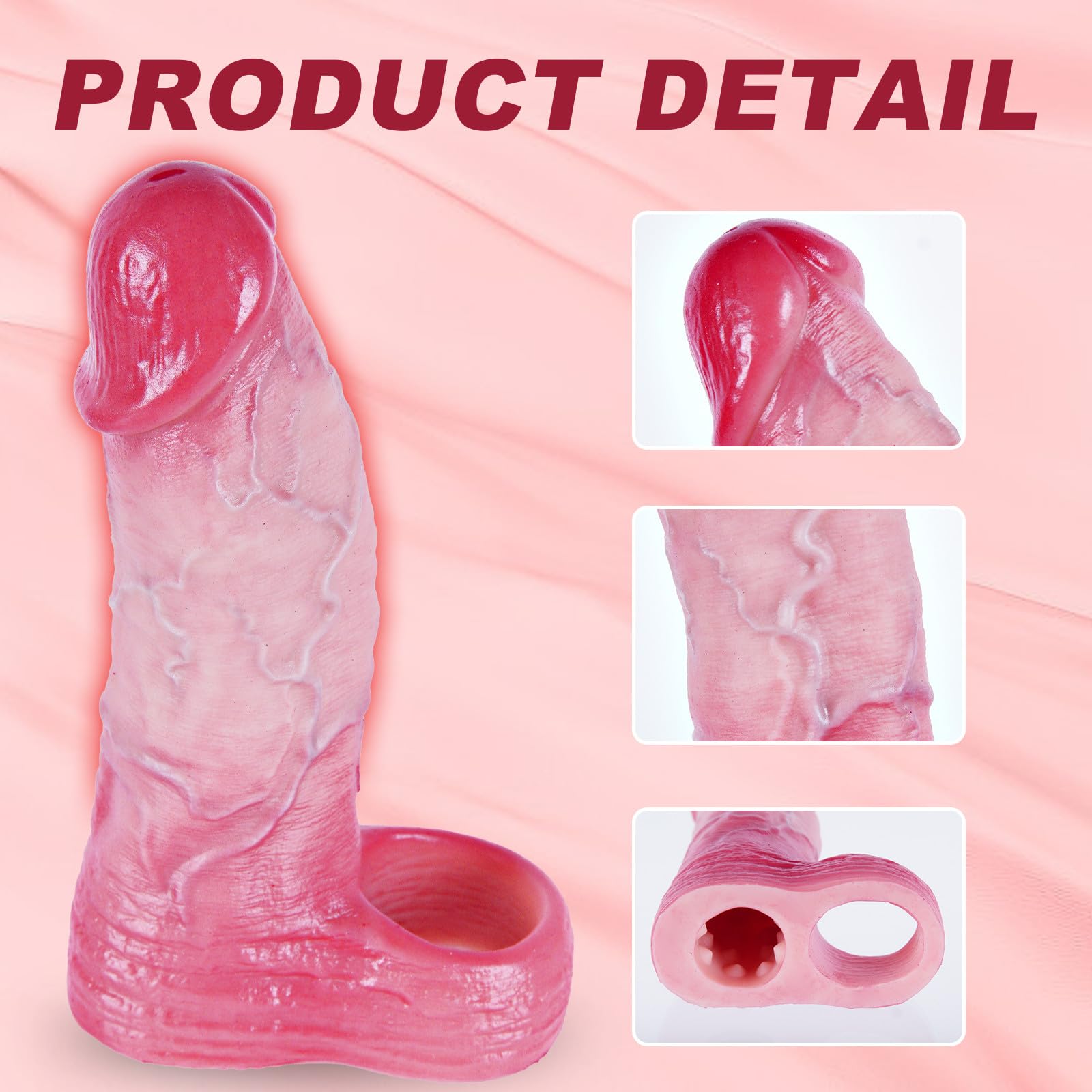 Set di 2 copripene e anelli in silicone realistici, S/L, per rapporti più duraturi e intensi, con glande rosso e vene realistiche, prolunga pene, giocattolo adulto per uomini e coppie