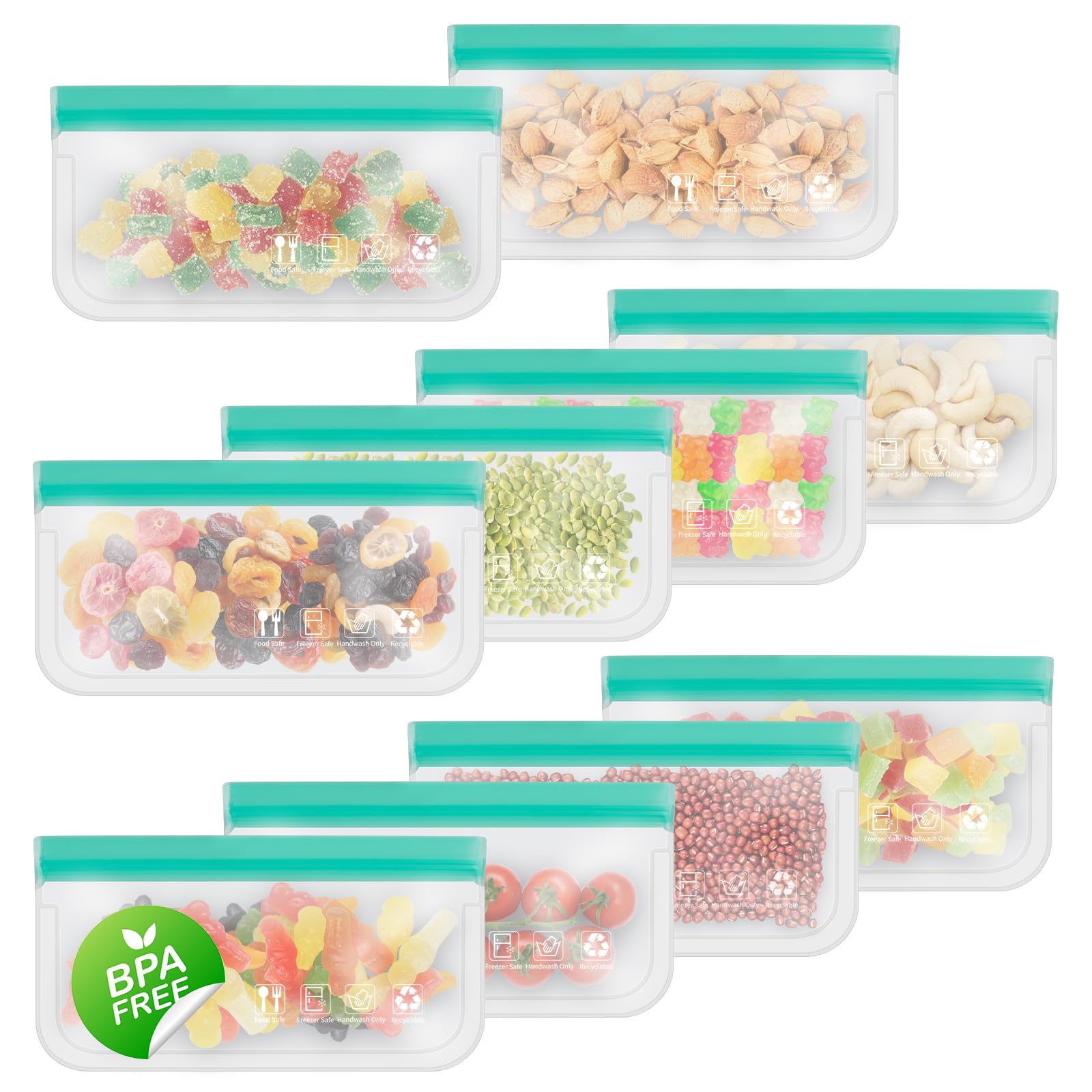 Reusable Freezer Bags, Leakproof Food Storage Bags, BPA FREE Ziplock Bags, Food Containers for Meal Prep,Travel, Make-Up, Fridge Kitchen Organization, 10 Pack (10 Small)