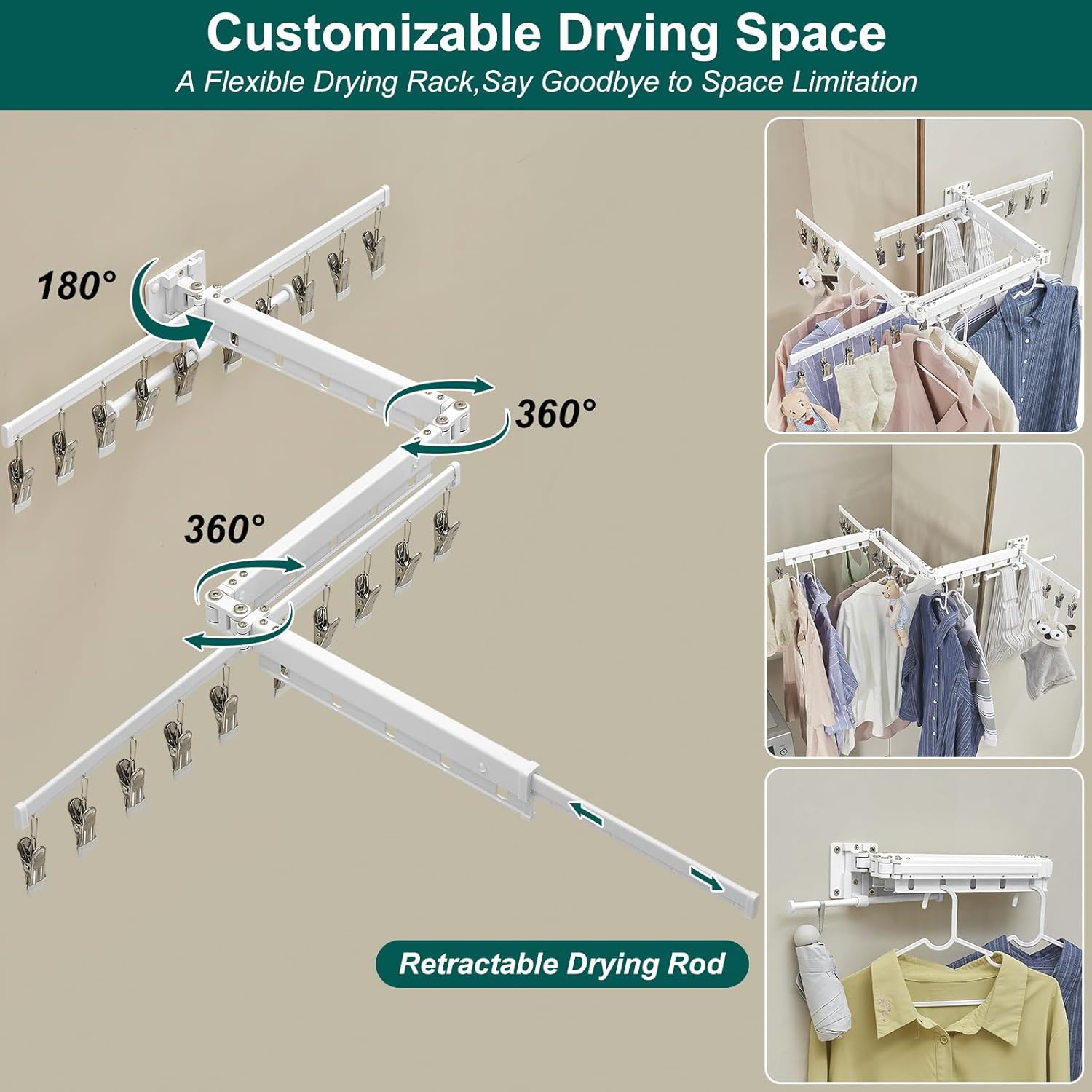 Hoimpro Clothes Drying Rack Retractable Wall Mounted, Tri-Fold Space Saving Collapsible Laundry Drying Racks for Hanging Clothes with 15 Hanging Hole and 20 Removable Clips, White