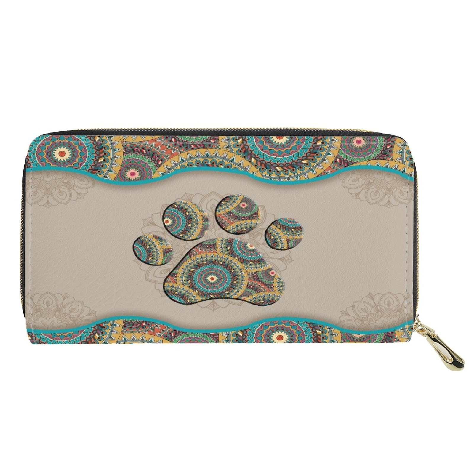 JOAIFO Mandala Flower Paw Print Wallet Womens PU Leather Passport Holder Personalized Portable Clutch Travel Coin Purse Card Phone Holder with Zipper