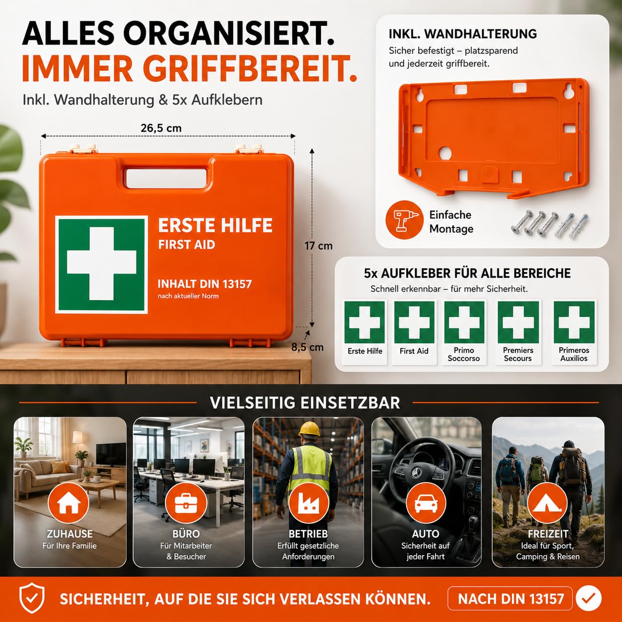 Botiquín de primeros auxilios - Caja DIN 13157 para pared, hogar y empresa - y 5 pegatinas - botiquín de primeros auxilios naranja - incl. montaje en pared