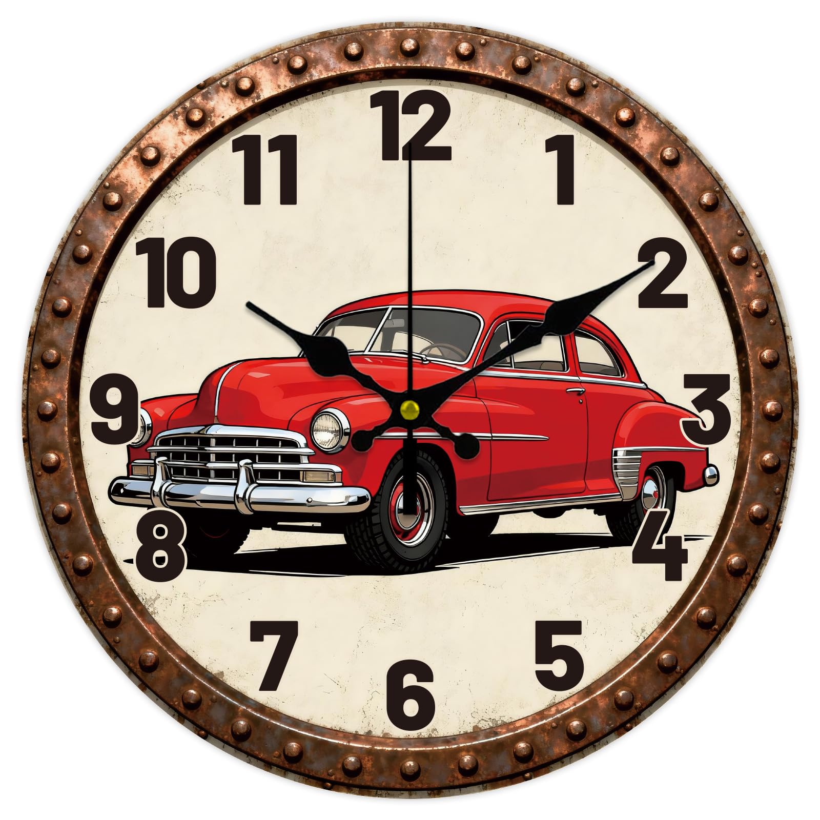 CONCHLERY Retro Red Car Pattern Clock 12 Inch Non-Ticking Clocks Round Wall Hanging Clock for Bedroom Living Room Kitchen Office