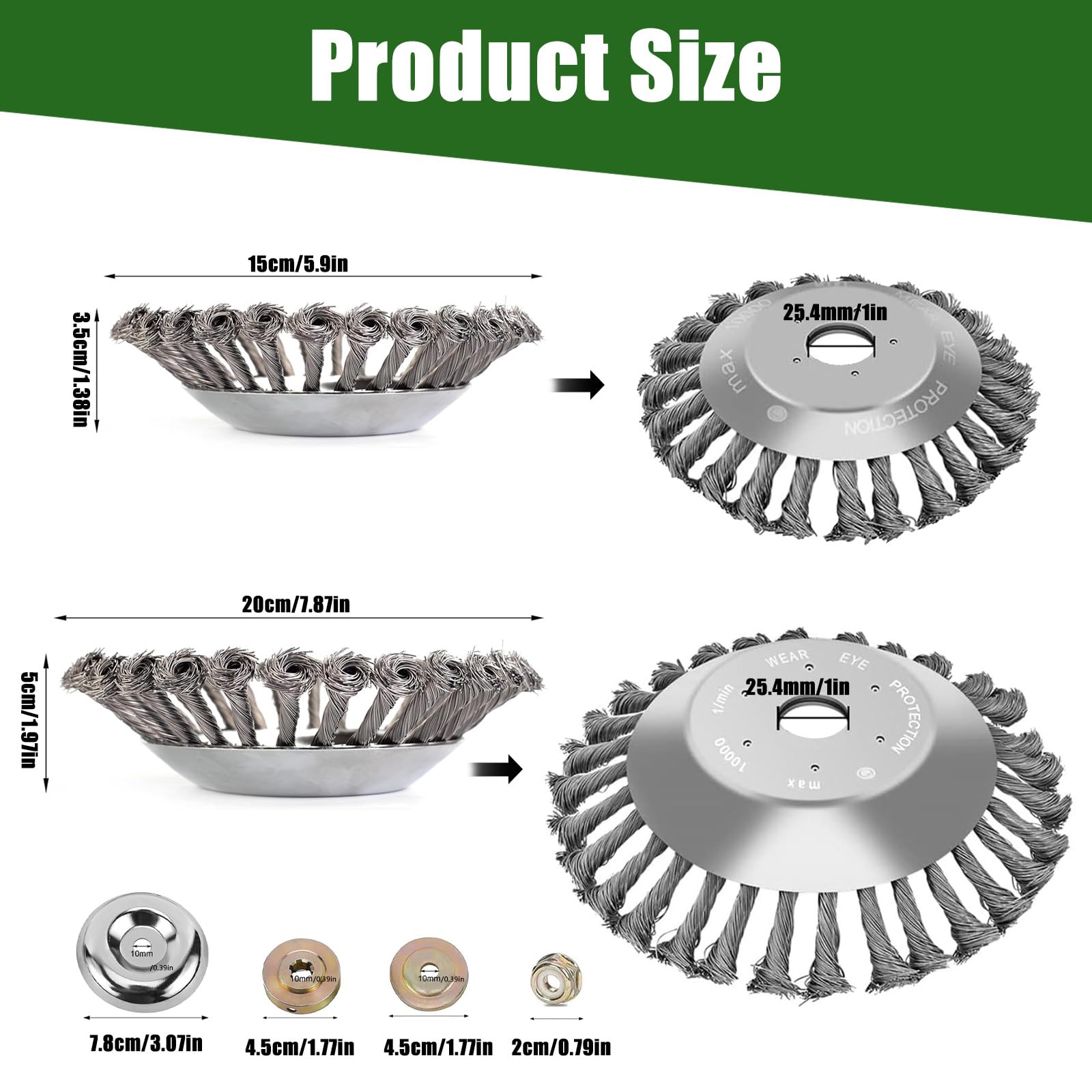 2 Piezas Cepillo Desbrozadora,Diámetros 150 y 200 mm,Tamaño del Orificio 25,4 mm,con Accesorios,para Sustituir Cabezales de Desbrozadora Desgastados,Eliminación Eficaz de Malas Hierbas y Musgo