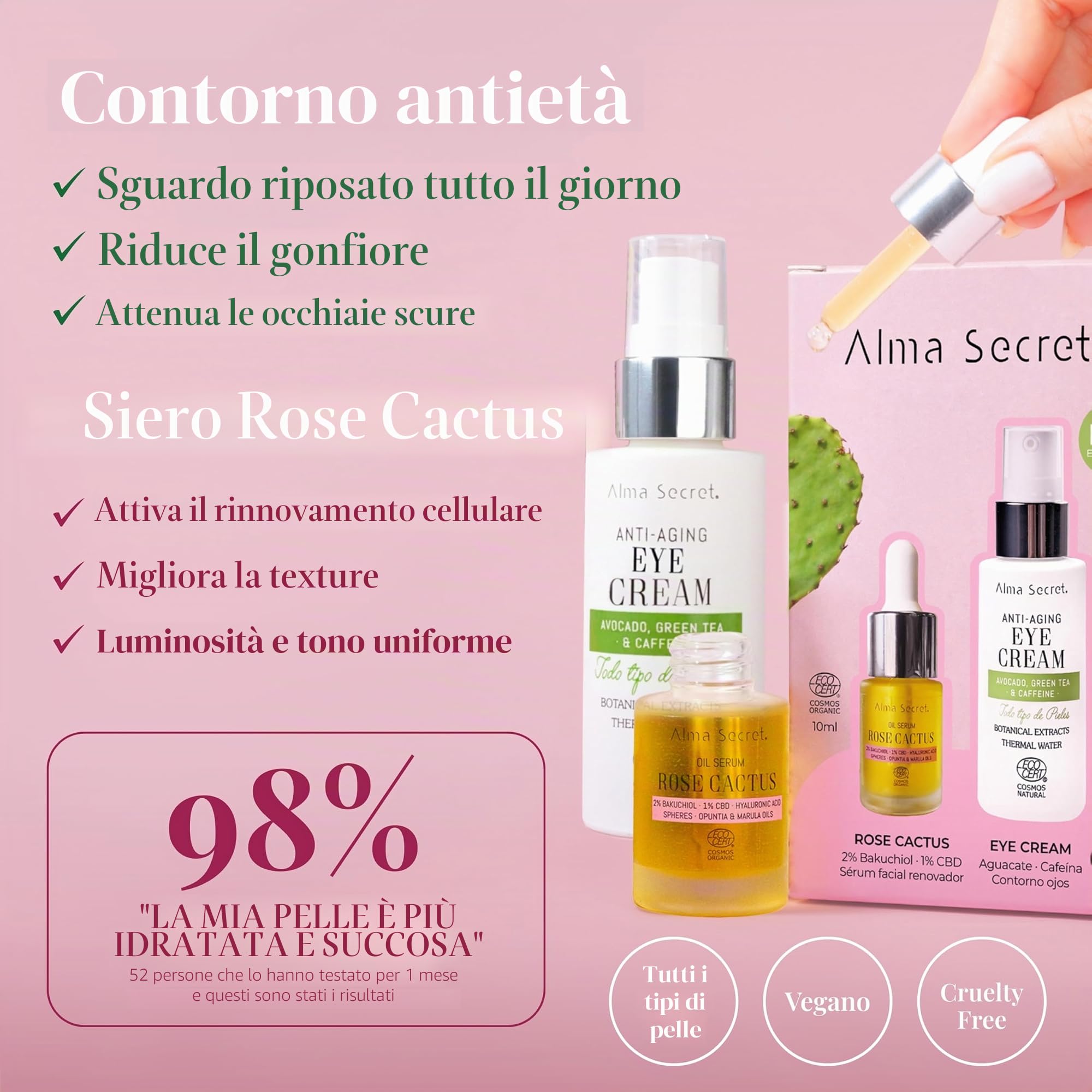 ALMA SECRET Ecocert Cosmos Natural, Duo anti-età: confezione per contorno occhi di avocado, tè verde e caffeina da 30 ml + siero viso Rose Cactus da 10 ml, crema per gli occhi e siero idratante