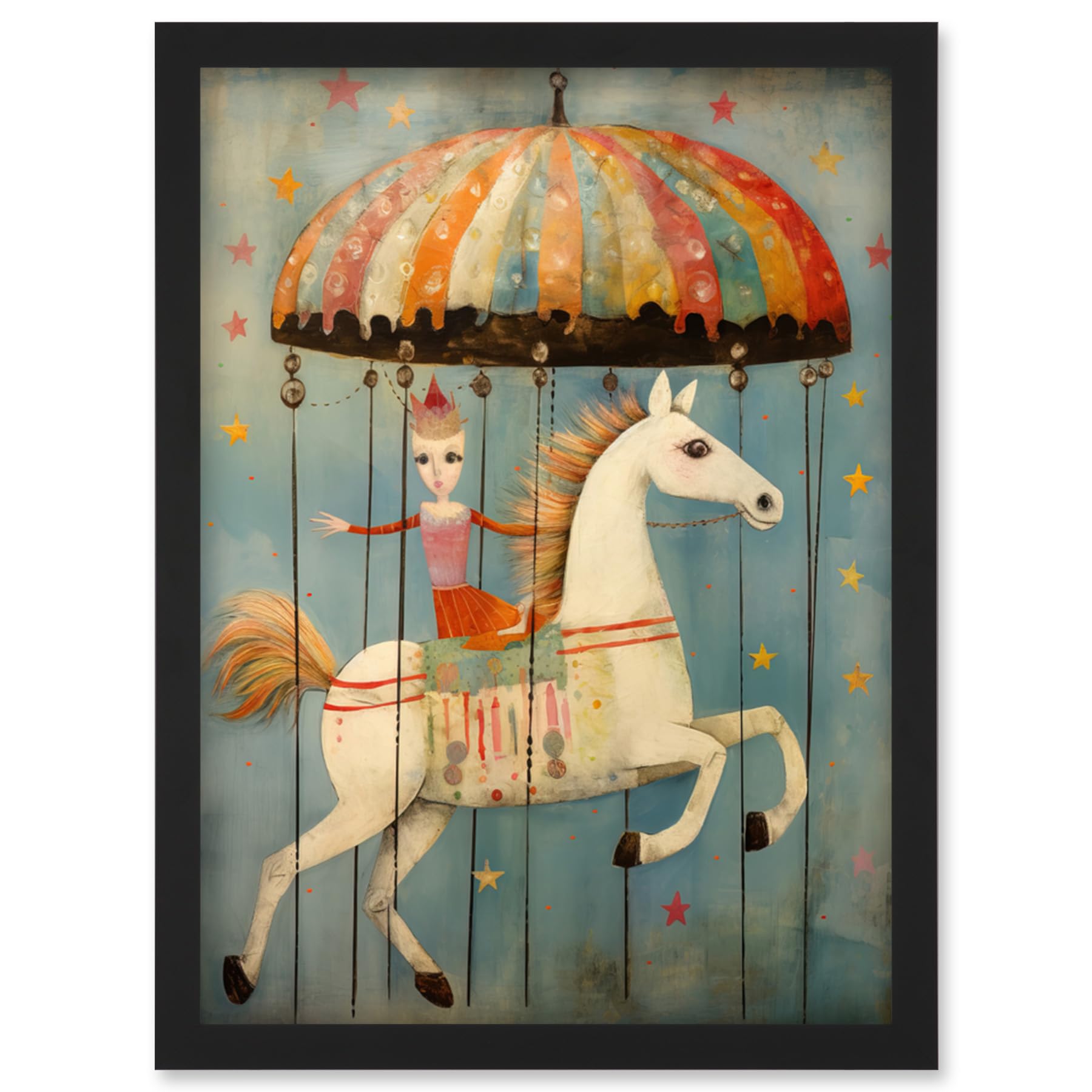 Artery8 Folk Art Whimsical Carousel Fairground Kids Girls Bedroom Artwork Soft Pastel Horse Artwork Framed Wall Art Print A4