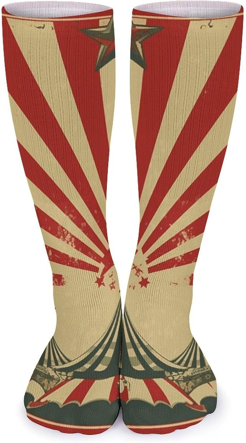5-Pack Knee High Socks, 15.7 Inch Breathable Casual Socks Vintage Circus Background Stockings for Men Women