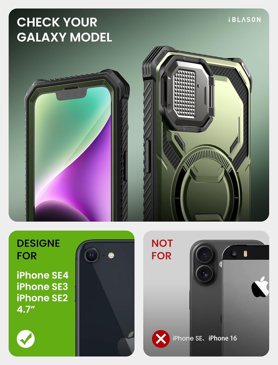 i-Blason for iPhone 16e / iPhone 17e Case MagSafe with Adjustable Camera Cover Stand, Built-in Screen Protector, Full-Body Heavy Duty Military-Grade Protection Rugged Magnetic Phone Case, Green