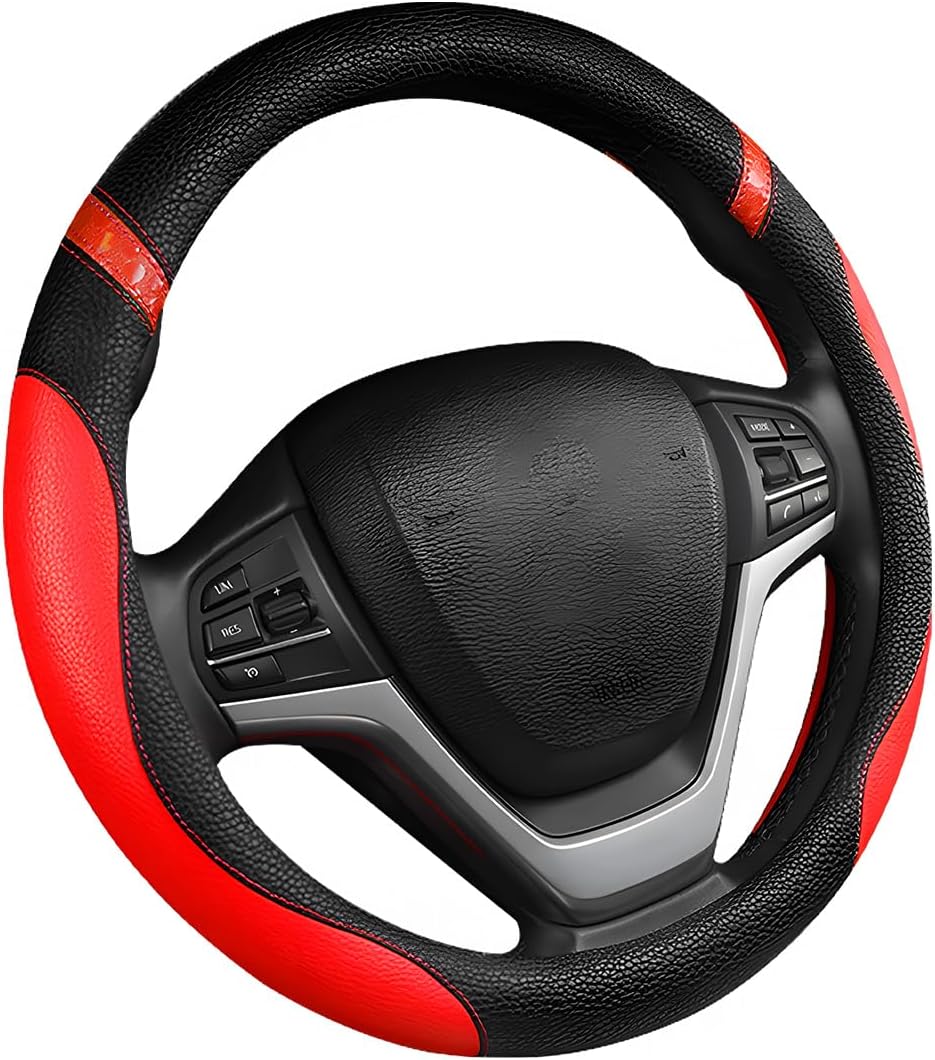Car Steering Wheel Cover, 15 Inch Non-Slip Breathable Leather Steering Wheel Protector, Comfort Auto Steering Wheel Cover Universal Fits Most Cars, Car Accessories for Men Women (Red)