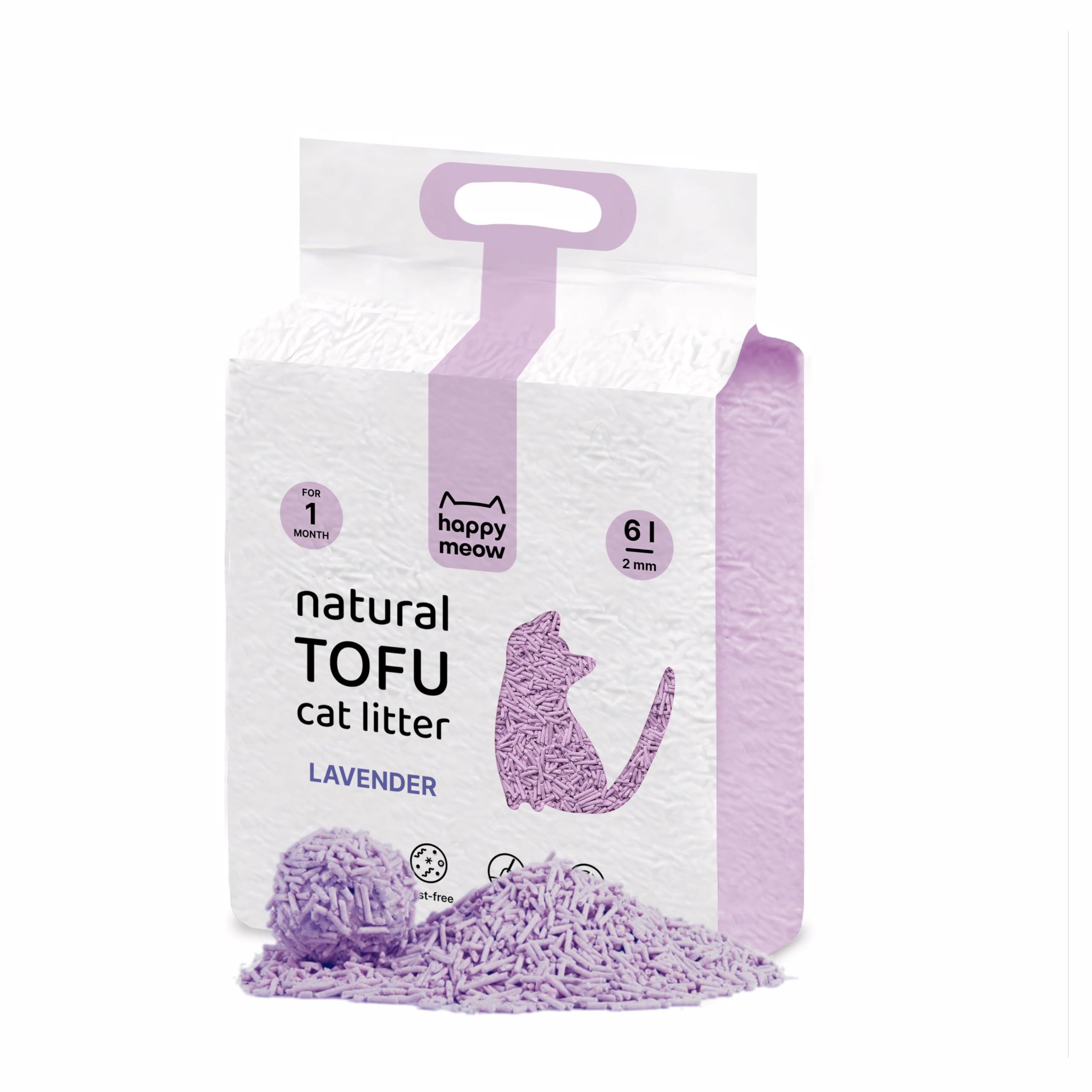 HAPPY MEOW Arena para Gatos de Tofu, Arena Gatos Aglomerante,Arena para Gatos 100% Natural 6 litros Biodegradable Fórmula Libre de Polvo (Lavanda)