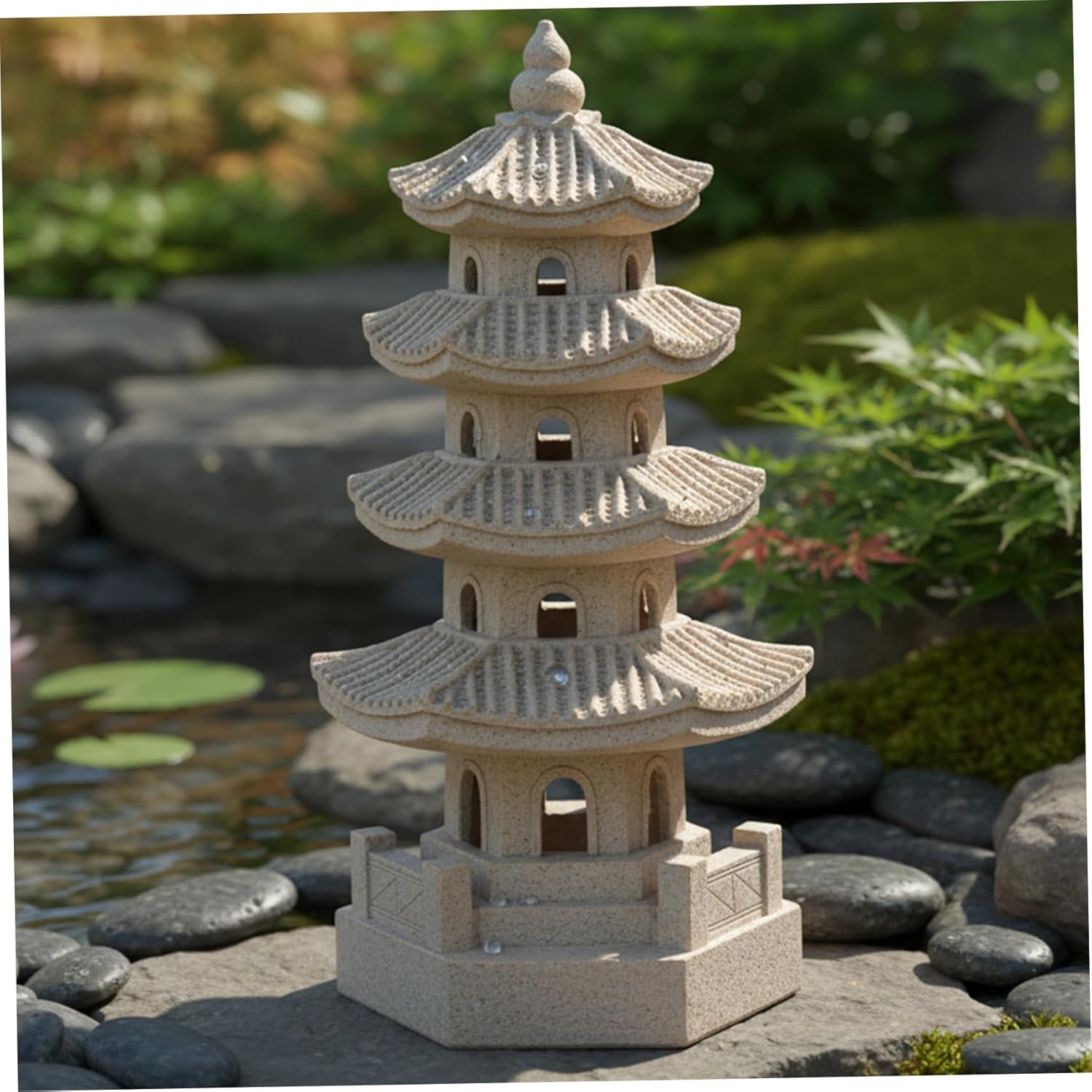 Pagoda Garden Statue Pagoda Garden Statue Solar Powered Lantern Resin Outdoor Zen Japanese Decor for Balcony, Patio, Porch, 11.4x4.7x4.7 inch Khaki