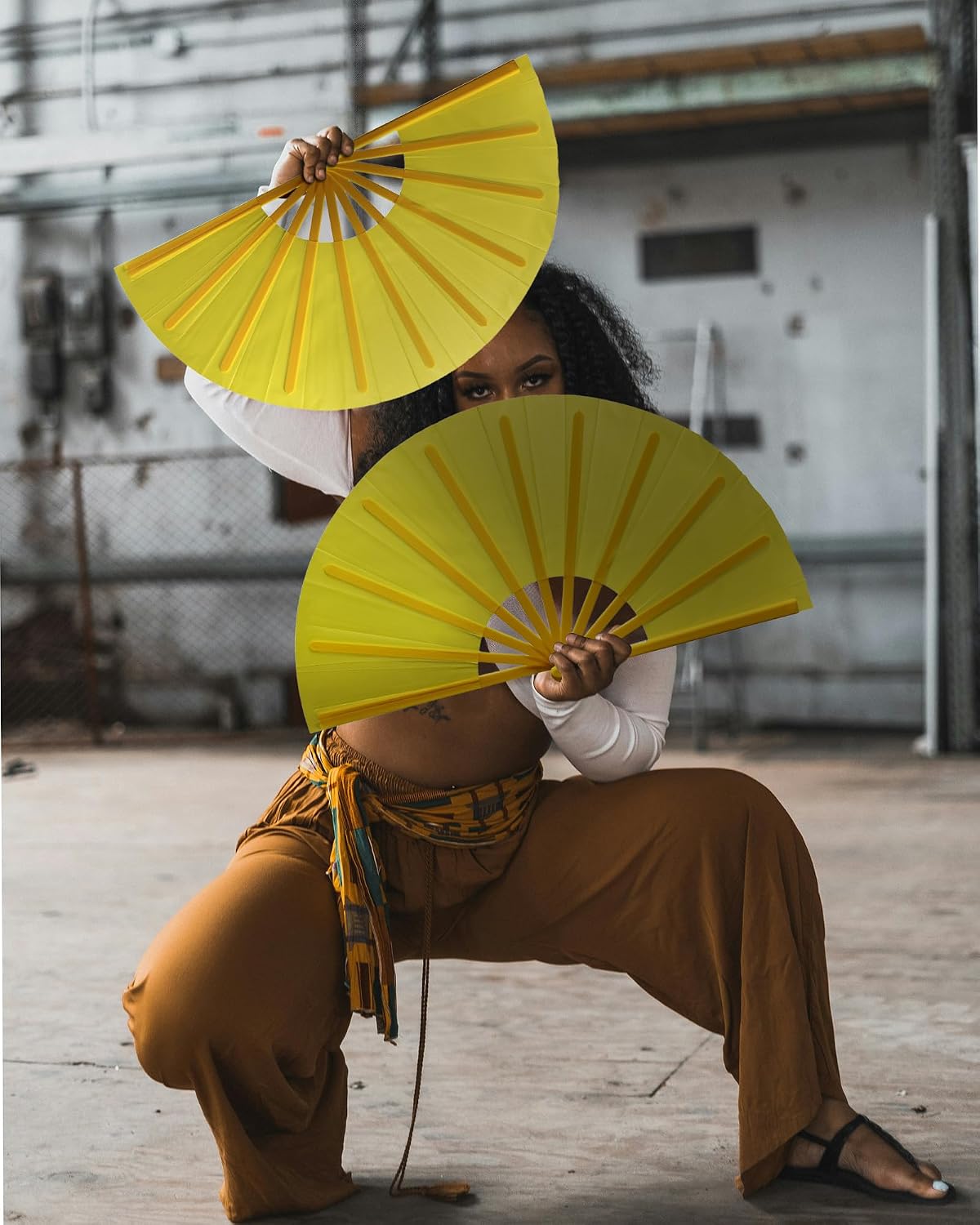 13IN Yellow Large Popping Hand Fan for Line Dancing Clacking Premium Silk Boots On The Ground Hand Fan Chinese Rave Fan for Women Dancer Drag Queen Anyone in Pride Month Party Beach EDM