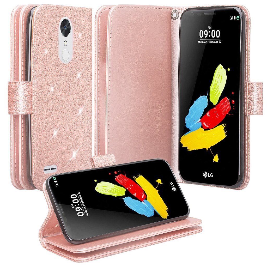 LG Phoenix Plus Case, LG Harmony 2 Case, LG K30 Case, LG K10 2018 Case, LG Premier Pro Case, SOGA PU Leather Magnetic Flip Wallet Cover - Rose Gold Glitter