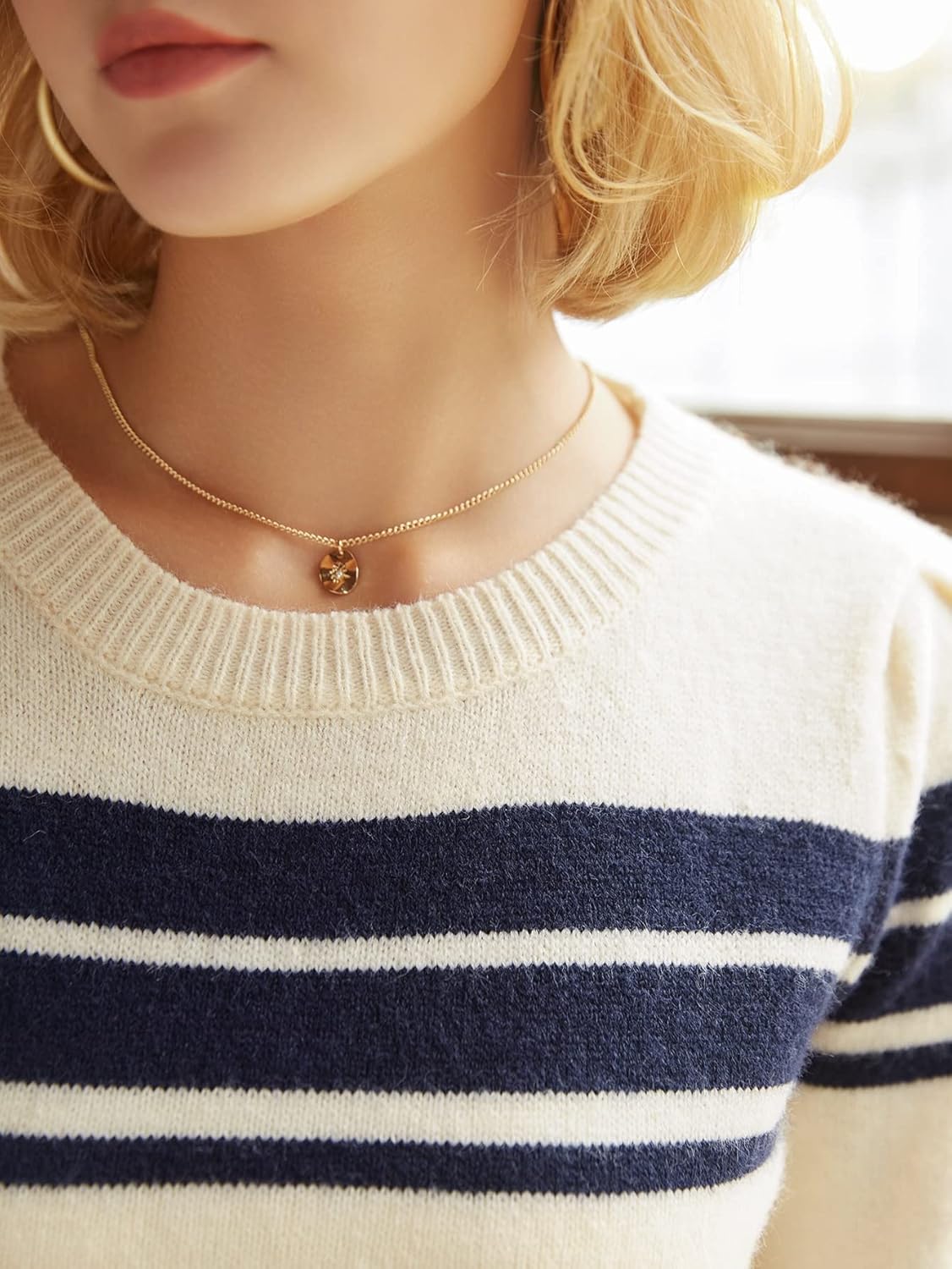 Women's Sweater Stripe Pattern Plicated Detail Sweater Sweater for Women (Color : Beige, Size : Medium)