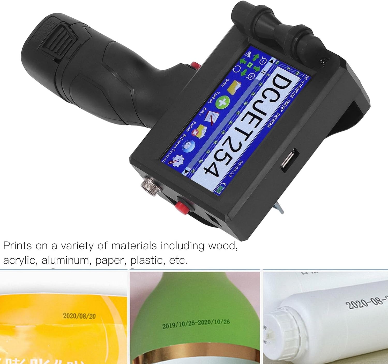 Walfront Handheld Inkjet Printer Portable Mini Printer with HD LED Touch Screen Quick Drying Ink LA60 for QR Code Barcode Smart CPU USB Flash Drive Input