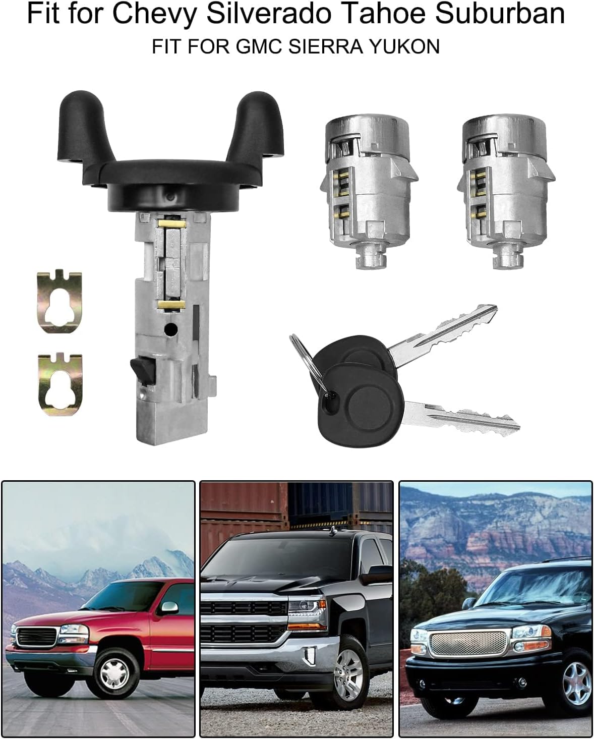 Ignition Switch Lock Cylinder and Pair Front Door Lock Cylinder with Keys Fit for Chevy Silverado Tahoe GMC Sierra Yukon 1999-2000 Replace 704600 702912 598007