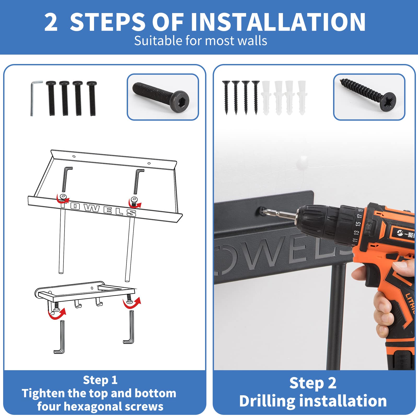 ODSNANIE Towel Racks Wall Mounted for Bathroom, Metal Towel Drying Rack Towel-Bars Towel Holder Ideal Bathroom Storage Organizer and Decor,Towel Shelf Black Towel Storage with 3 Towel Hooks