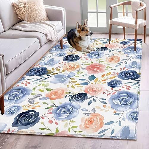 Miniatura 13 de Round Rugs 8ft, Colorful Flowers Non-Slip Area Rugs for Living Room Bedroom Entryway, Watercolor Retro Blue Pink Floral Washable Carpet Runner Rug