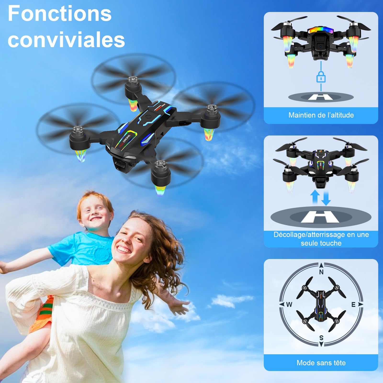 Drone avec 2 Caméra Réglage électrique Caméra, GuKKK 4K Mini Drone Caméra Pliable Active d'évitement d'obstacles, Drone Quadricoptère FPV WiFi Télécommandé, avec 2 Batteries, pour Débutants