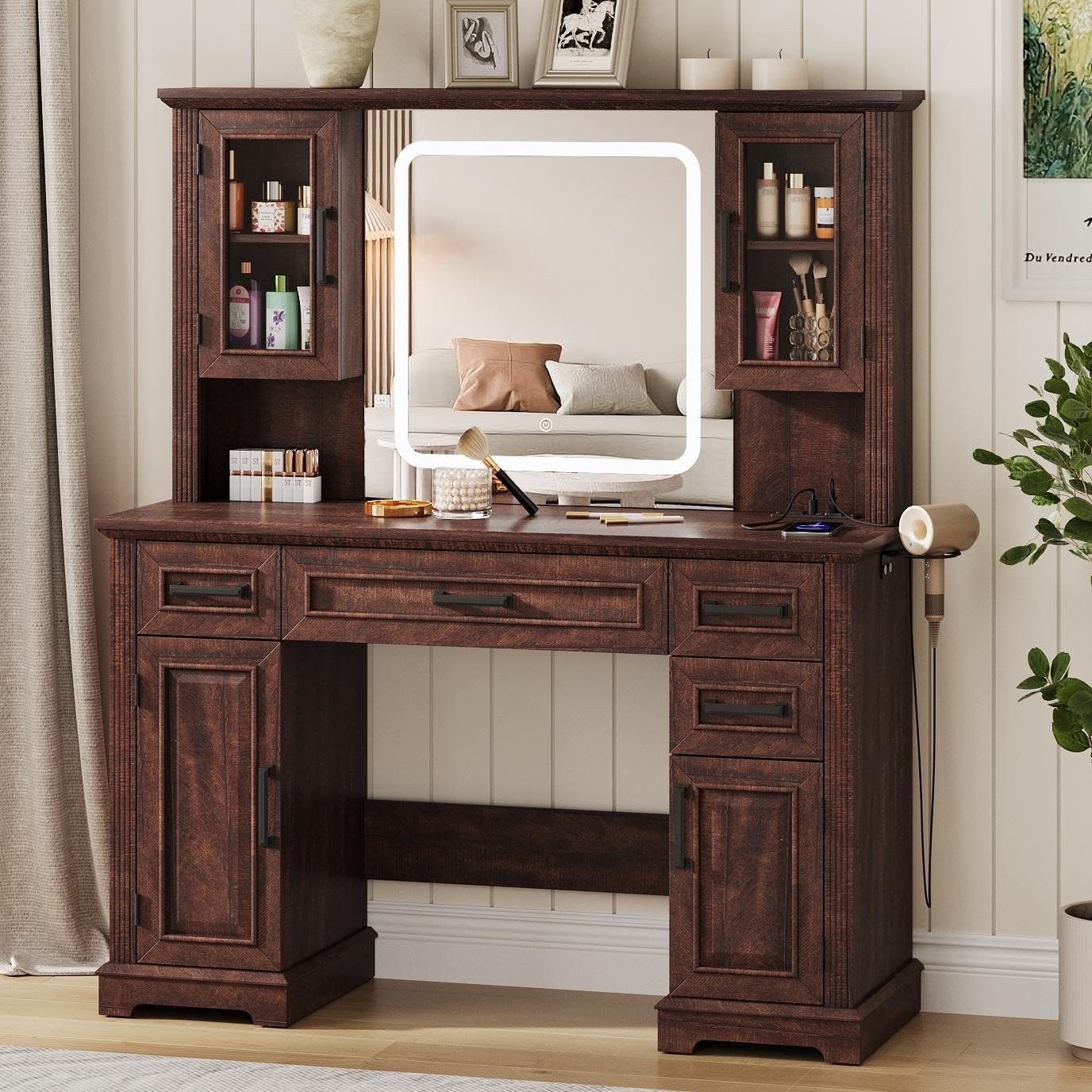 Vabches 45" Farmhouse Makeup Vanity Desk with Mirror & Lights, Makeup Table with Charging Station, 4 Drawers & Cabinets, 3 Lighting Modes, Bedroom Dressing Table, Walnut