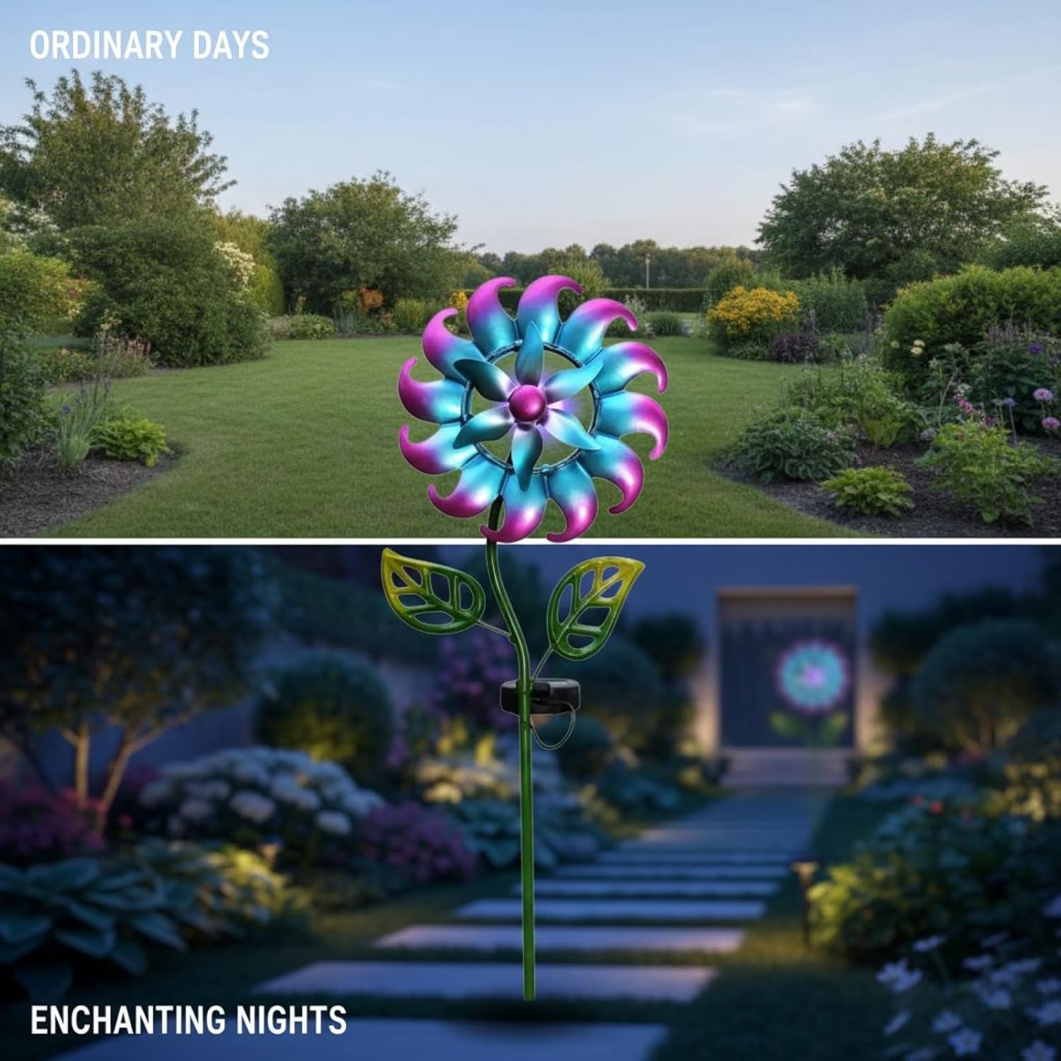 Generic Outdoor Garden Decoration, Blue Solar Wind Spinner, 36.6 in Metal Wind Sculpture, Kinetic Windmill with Color-Changing Led, Weatherproof for Lawn Patio