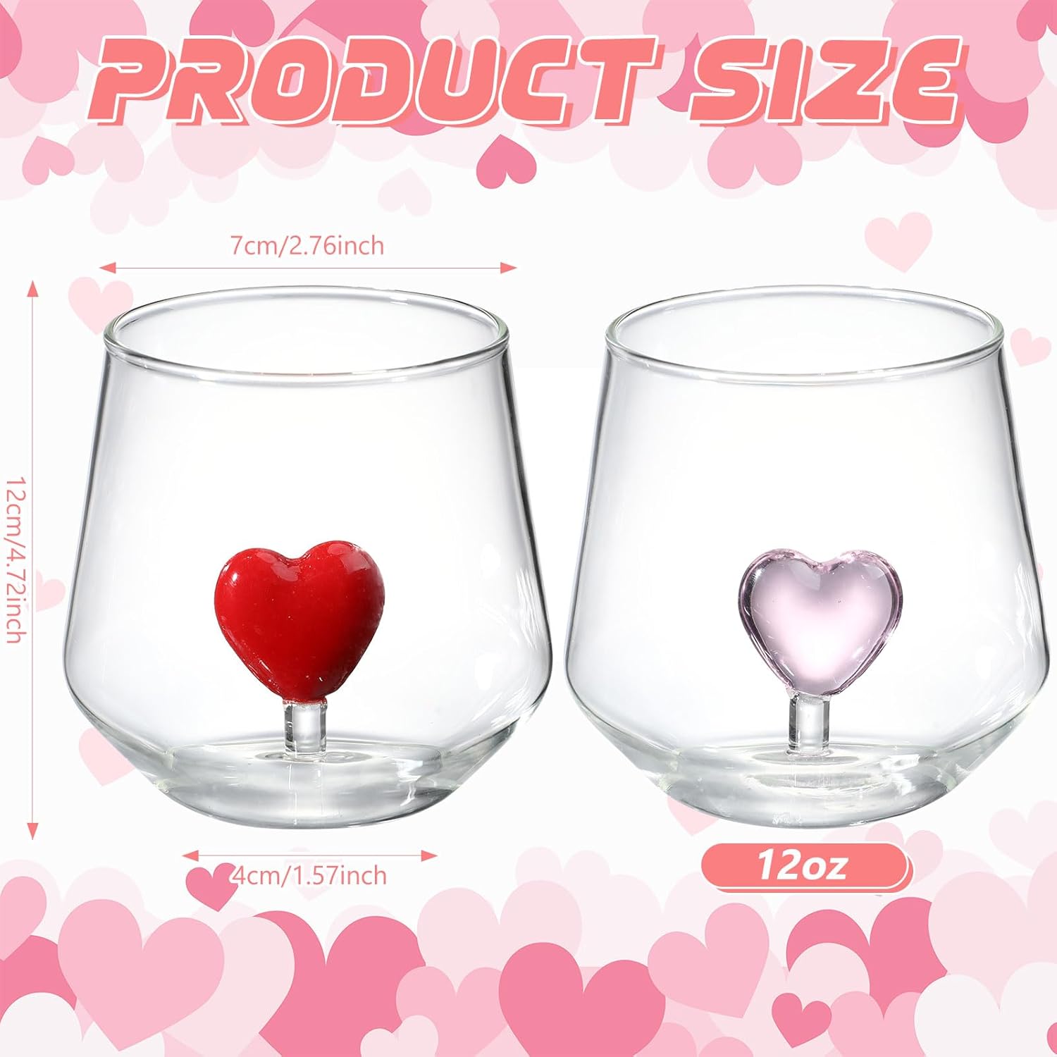 2 Pcs Valentine Stemless Wine Glasses Galentine 3D Heart Drinking Glass Cup 12oz Red Pink Heart Wine Glasses Icon Juice Glass Clear Double Hand Blown Cocktail Glassware for Valentine Party Supplies