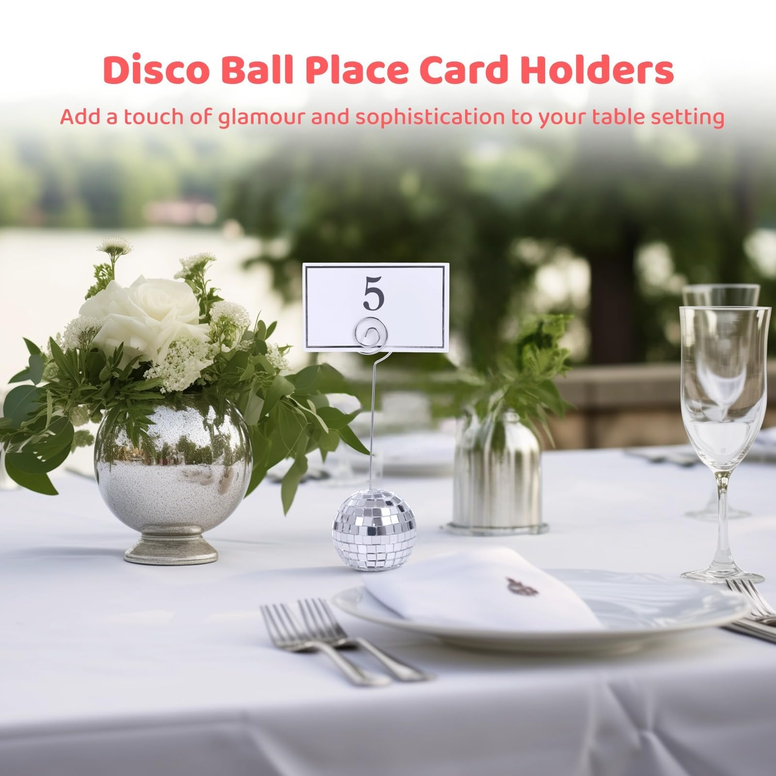 30 Sets Silber Discokugel Kartenhalter mit Wirbeldraht & Tischkarten, Tischnummernständer für Hochzeiten, Partys