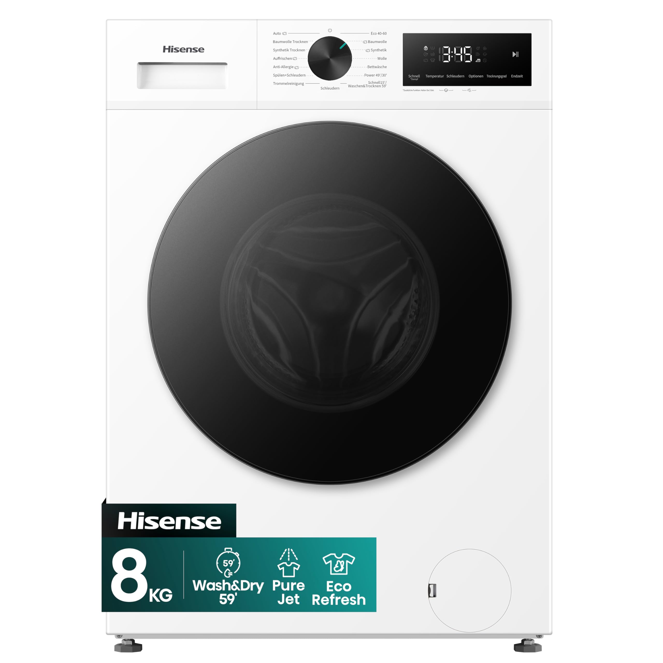 Hisense WD1I8042BWP2 Waschtrockner, 8 Kg, 1400 U/Min, 15 Programme, Automix-Waschmittelschubfach, Pure Jet, Wash&Dry 59', Eco Refresh, Schnellwaschgang, Dampffunktion, Anti-Allergie, EEK A-D, Weiß