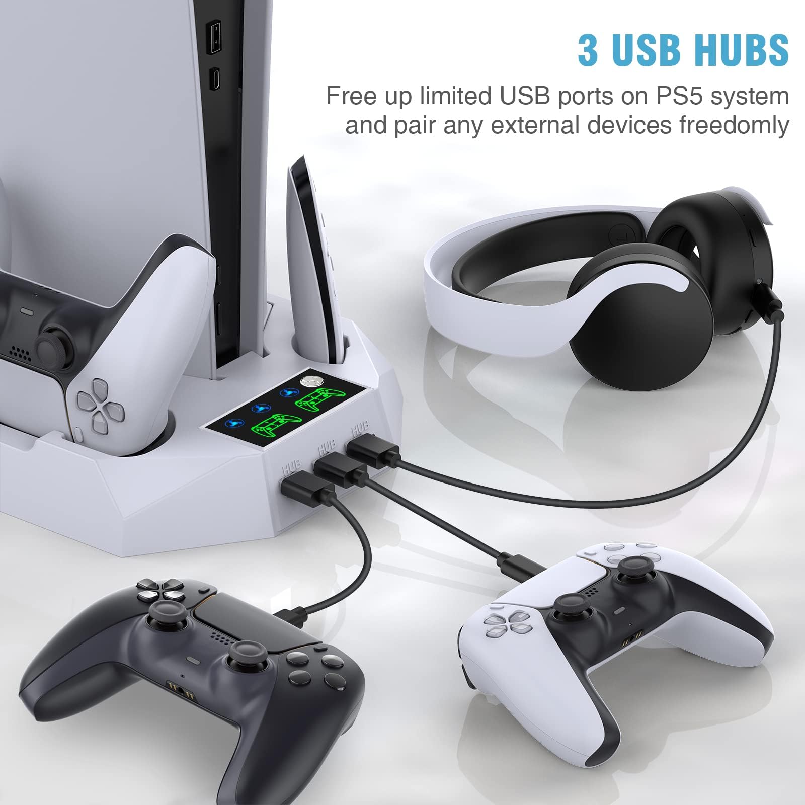PS5 Support fin et station de refroidissement avec contrôleur pour Playsation 5 Slim&Standard Disc/Console numérique, accessoires PS5 avec chargeur/ventilateur turbo/3 concentrateurs USB/support pour