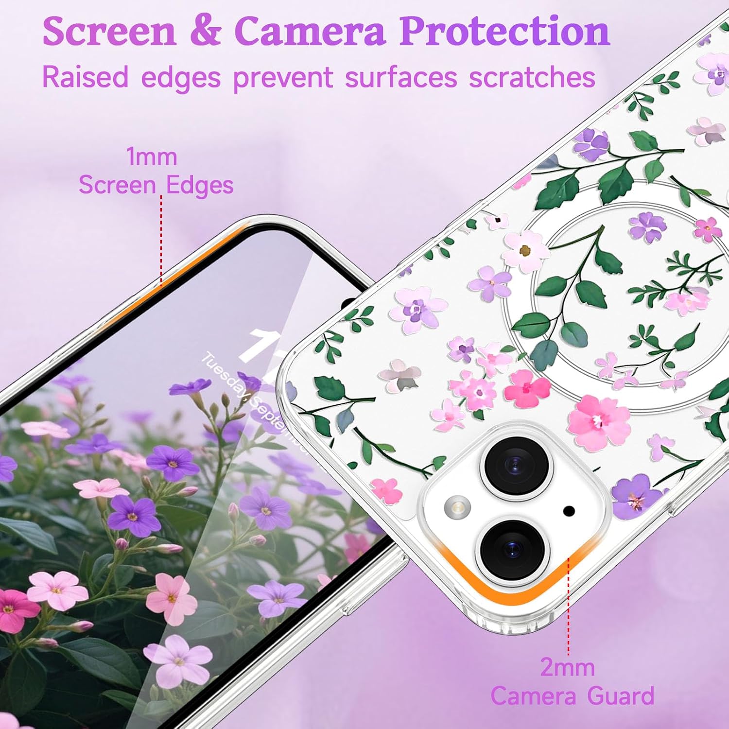EYZUTAK Magnetic for iPhone 13/iPhone 14 Case Flower Clear Case,Pink Purple image 4