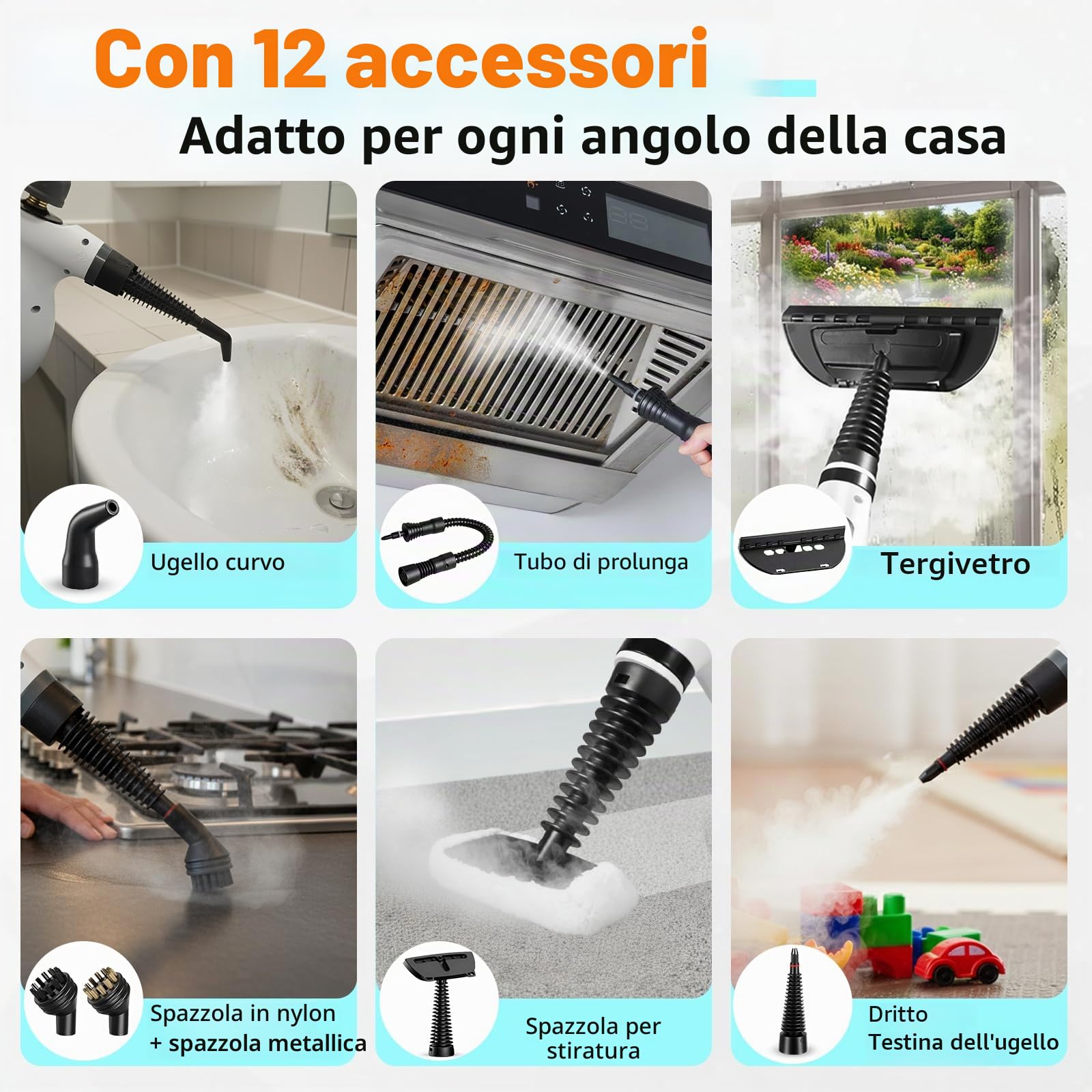 Pulitore a Vapore Manuale Multiuso 1300W con 12 accessori, Pressione vapore 3 Bar, Serbatoio 350ML, Pulitore a vapore senza prodotti chimici per cucina, pavimenti, piastrelle, divani (Bianco)