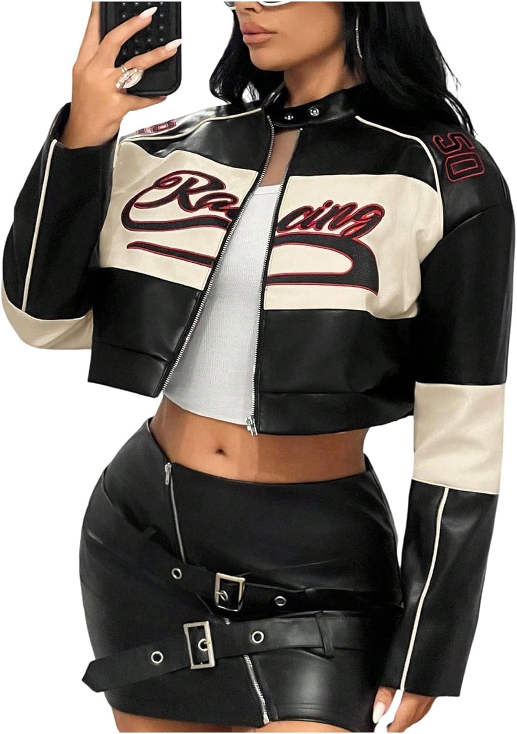 SOLY HUX Women's Faux Leather Zip Up Crop Jackets Graphic Long Sleeve Shirts Motorcycle Outerwear