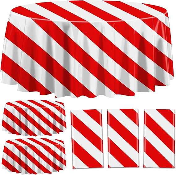 Red and White Stripe Tablecloths for Round Table, Carnival Theme Party Decorations, 84'' x 84'' Plastic Table Cover for Circus Party, Movie Night, Birthday, Christmas, Baby Shower, Wedding (3)