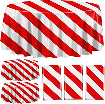 Red and White Stripe Tablecloths for Round Table, Carnival Theme Party Decorations, 84 x 84 Plastic Table Cover for Circus Party, Movie Night, Birthday, Christmas, Baby Shower, Wedding 3