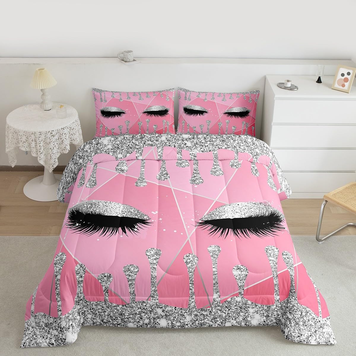 Feelyou Glitter (No Glitter No Sequin) Eyelash Bedding Set Eyes Diamond Design Comforter Modern Simple Lovely Comforter Set for Kids Adults Pink Duvet Set Soft Room Decor King Size 3Pcs Quilt Boys