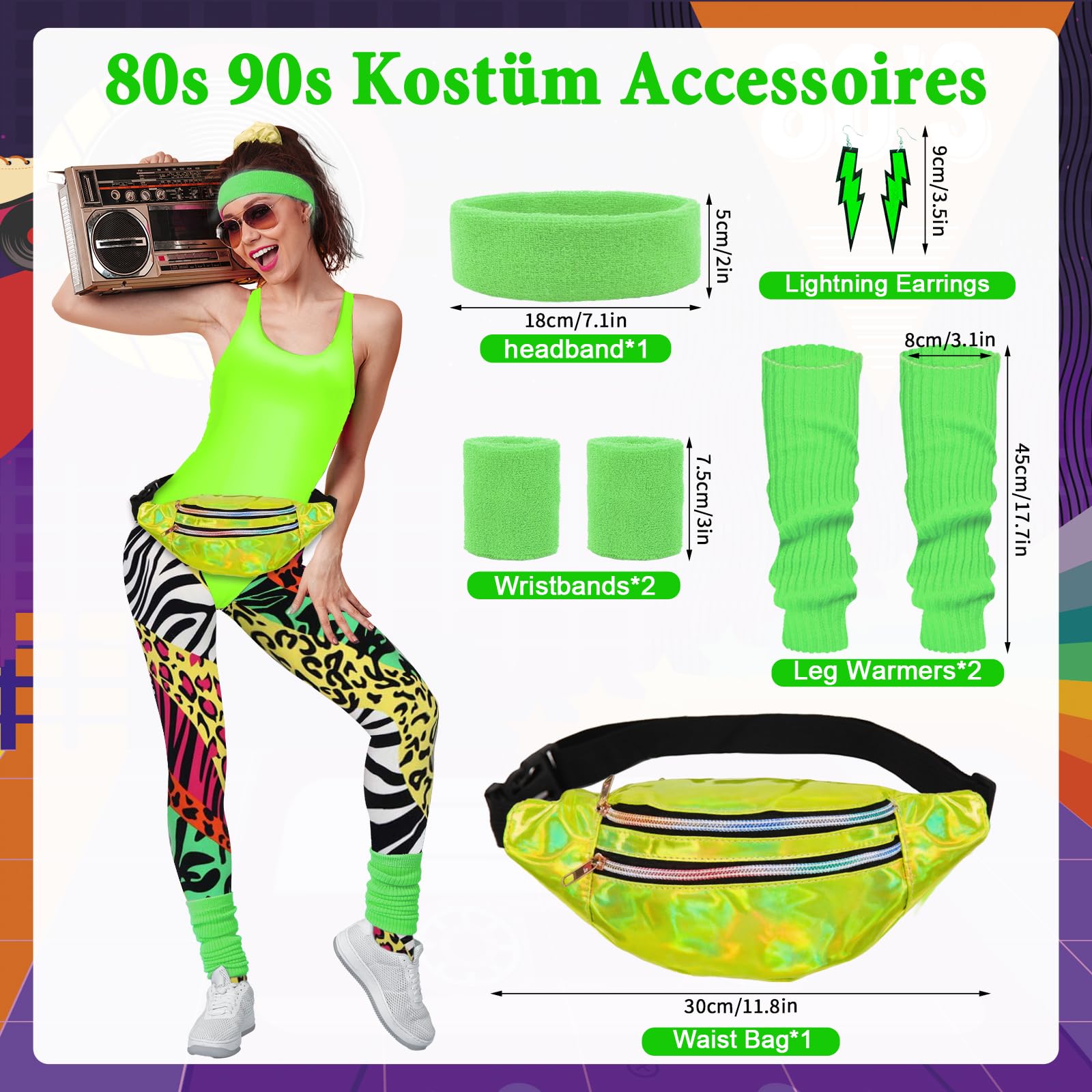 80er 90er Jahre Outfit Damen- Retro Trainingsanzug Workout Kostüm 80er Kleidung Accessoires Frauen mit 80s 90s Clothes Leggings Bauchtasche Stirnband Beinwärmer für Karneval Fasching Mottoparty Kostüm