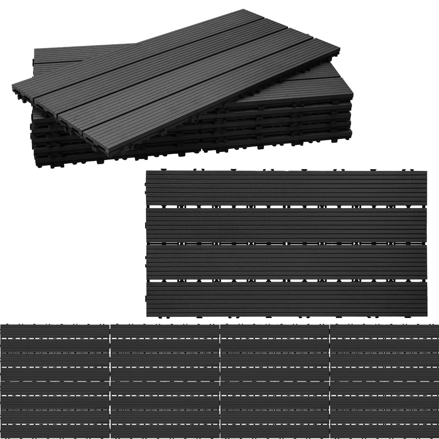 Gimisgu Dalles de Jardin clipsables en Bois Composite WPC, 30x60cm 24 Pièces par 4m² Dalle Jardin extérieur avec Système de Drainage, Système plug-in Facile à poser, Anthracite
