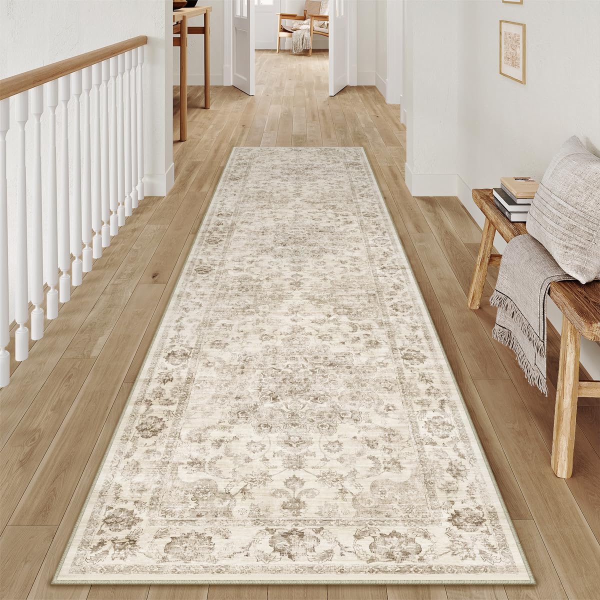 WondRg 3x10 Washable Neutral Runner Rug Beige Vintage Hallway Kitchen Carpet Non-Slip Soft Low Pile Floral Throw Rug for Bedroom Bathroom Laundry