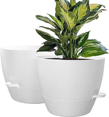 WOUSIWER 10 inch Self Watering Planters, 2 Pack Large Plastic Plant Pots with Deep Reservior and High Drainage Holes for Indoor Outdoor Plants and