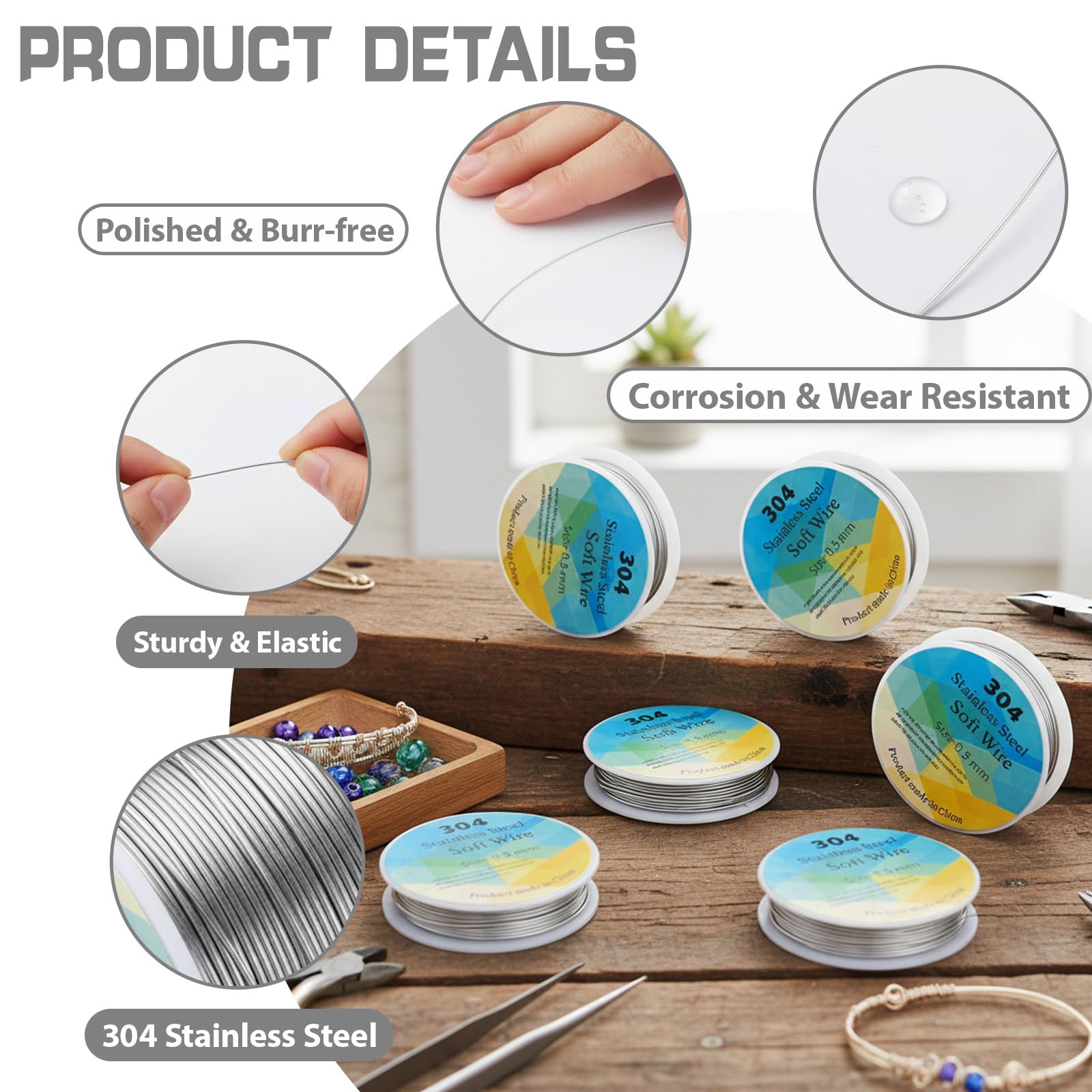 Filo metallico acciaio inox 304 set 6 rotoli 0,5 mm 15 m + 0,3 mm 20 m bricolage