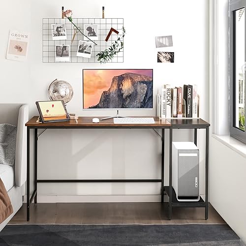 Miniatura 9 de Escritorio multifuncional para computadora, escritorio de estudio industrial con estante de almacenamiento extraíble, marco de metal resistente,