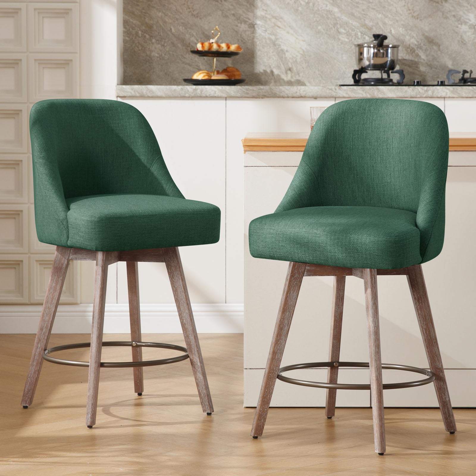 Bekrvio Counter Height Bar Stools Set of 2, Mid-Century Modern Swivel Barstools with Back and Wood Legs, Linen Fabric Upholstered Chairs 65CM Seat Height Counter Stools (Linen Green, 2PCS)
