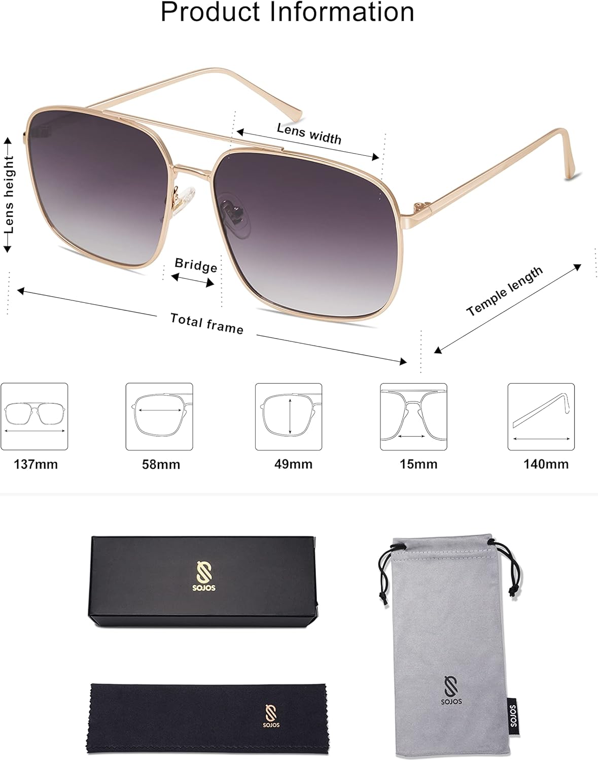 SOJOS Trendy Square Aviator Sunglasses for Women Men, Gold Frame Light Tint Gradient Shades SJ1176 - Image 5