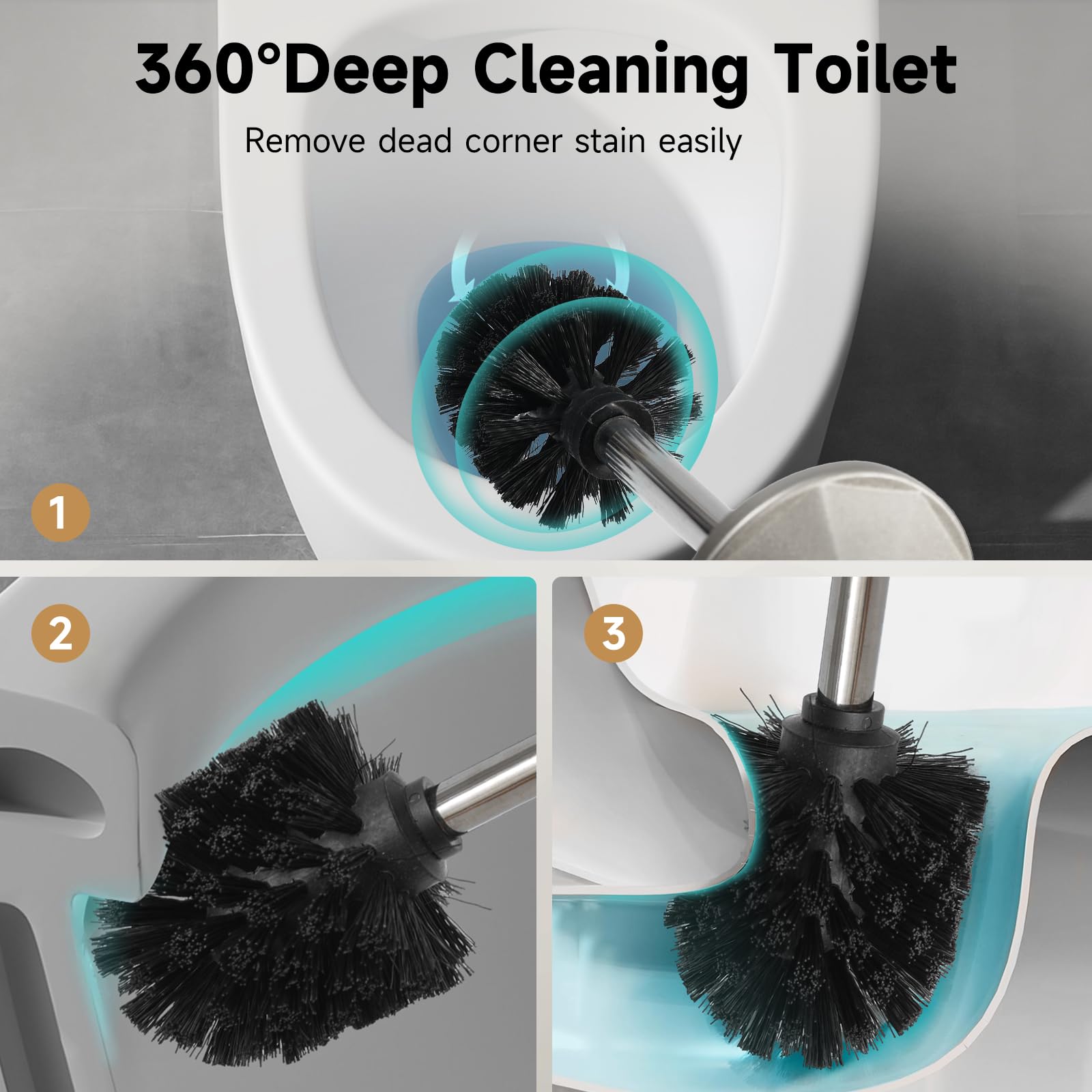 Escobilla de inodoro y soporte de níquel manchado, cepillo de inodoro de mango extra largo para baño, cepillo de inodoro resistente de acero inoxidable, limpieza profunda, cepillo limpiador de inodoro