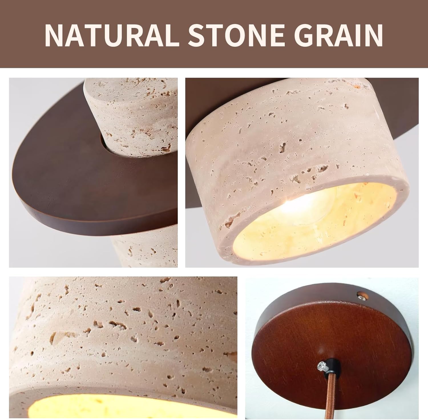 Japanese Wabi sabi Pendant Light with Natural Stone Shade, Dimmable Modern Wood Hanging Lamp Fixture, Adjustable Height Pendant Lamp for Bedroom, Kitchen Island, Dining Room, Restaurant, Cafe, Bar (C)