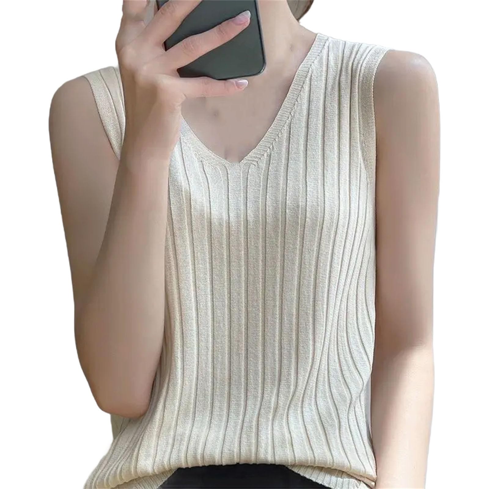 Camiseta sin mangas de seda de hielo para mujer, cuello en V, holgada