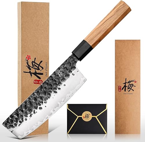 INK PLUMS Cuchillo Usuba de cocina de 6.7 pulgadas, cuchillo asiático Nakiri, acero inoxidable con mango de madera de olivo y caja de regalo para