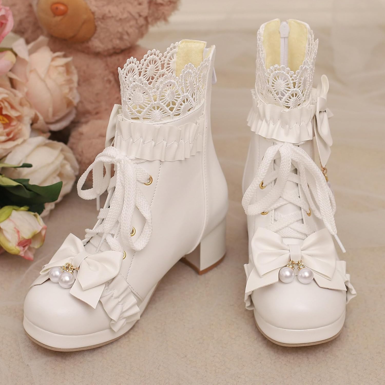 LUXMAX Women Lace Up Ankle Boots with Bow Kawaii Shoes Chunky Mid Heel Japanese Cosplay Shoes Platform Cute Lolita Boots - Image 8