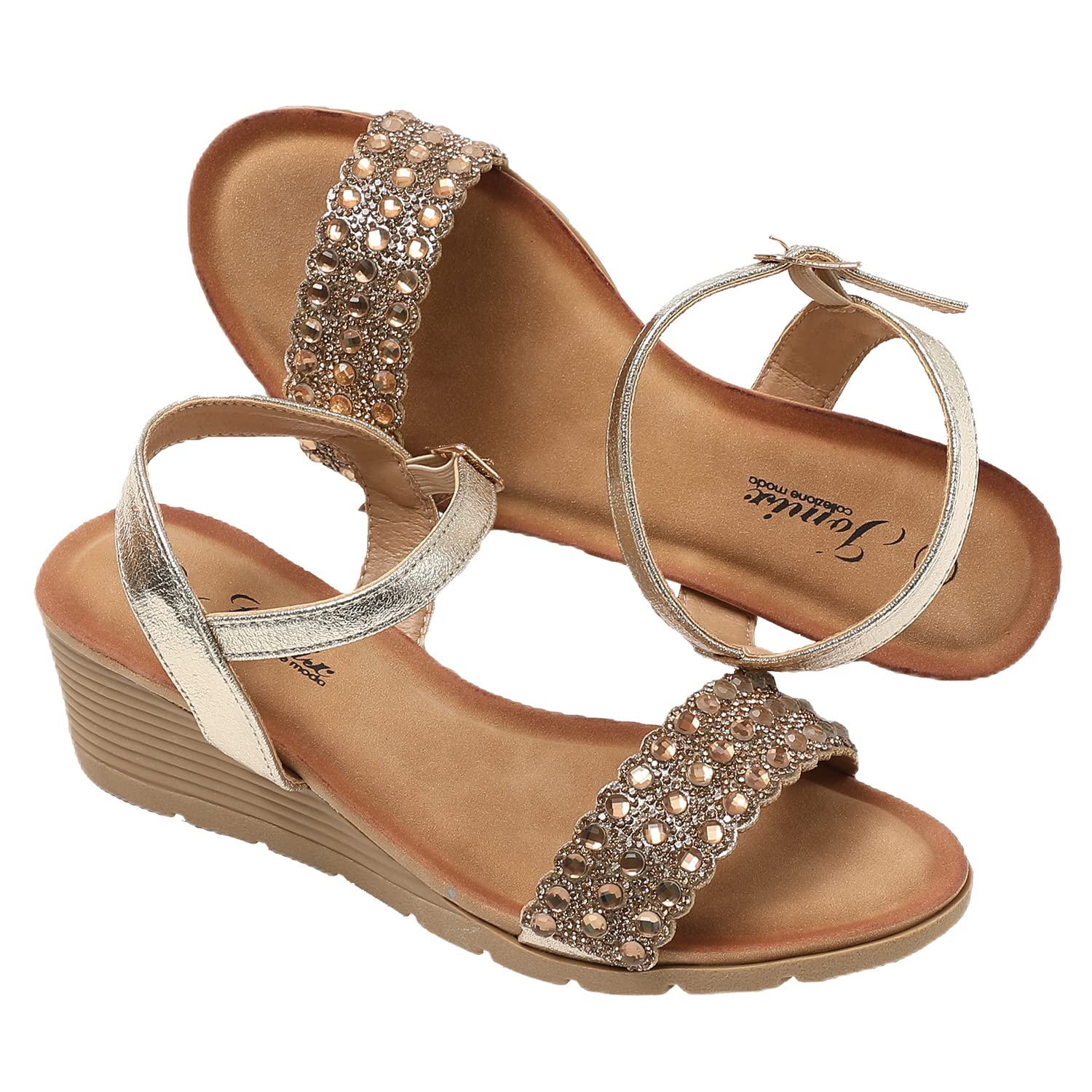 JOMIX Sandali Donna Estive Tacco Zeppa Eleganti Comodi Decorato con Strass