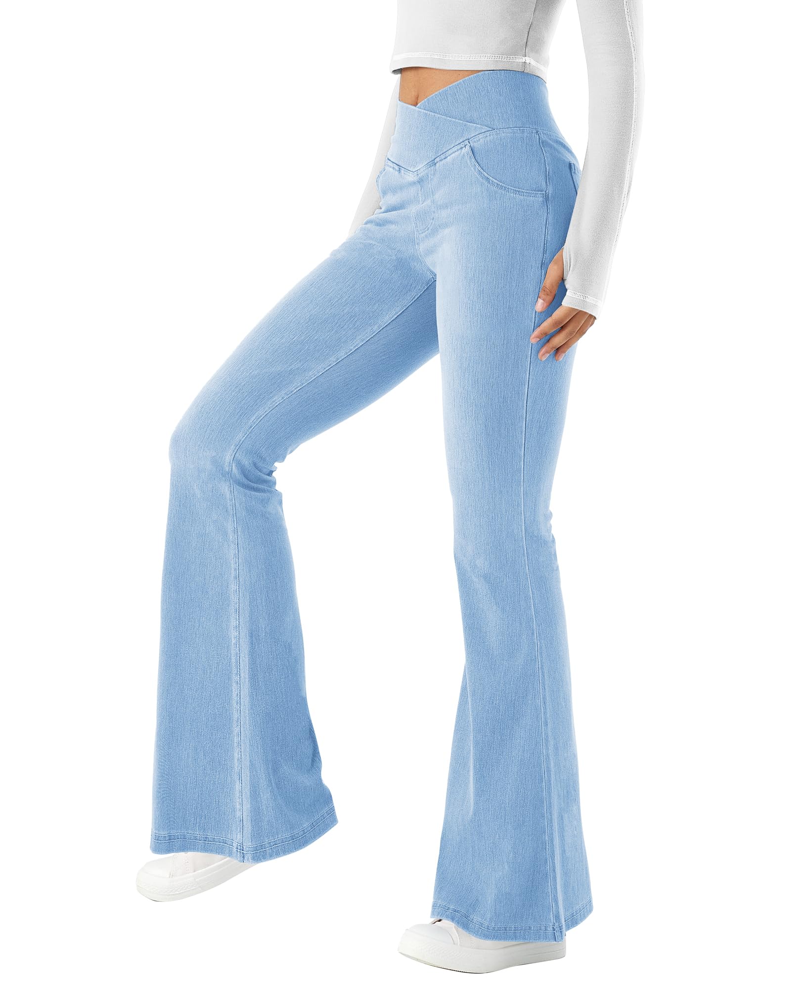 LaiEr Donna Bootcut Jeans V Crossover Vita Alta Pull on Casual con Controllo Pancia Skinny Yoga Pants,Denim ad Alta Elasticità in Tessuto Morbido,Pantaloni Fitness a Campana