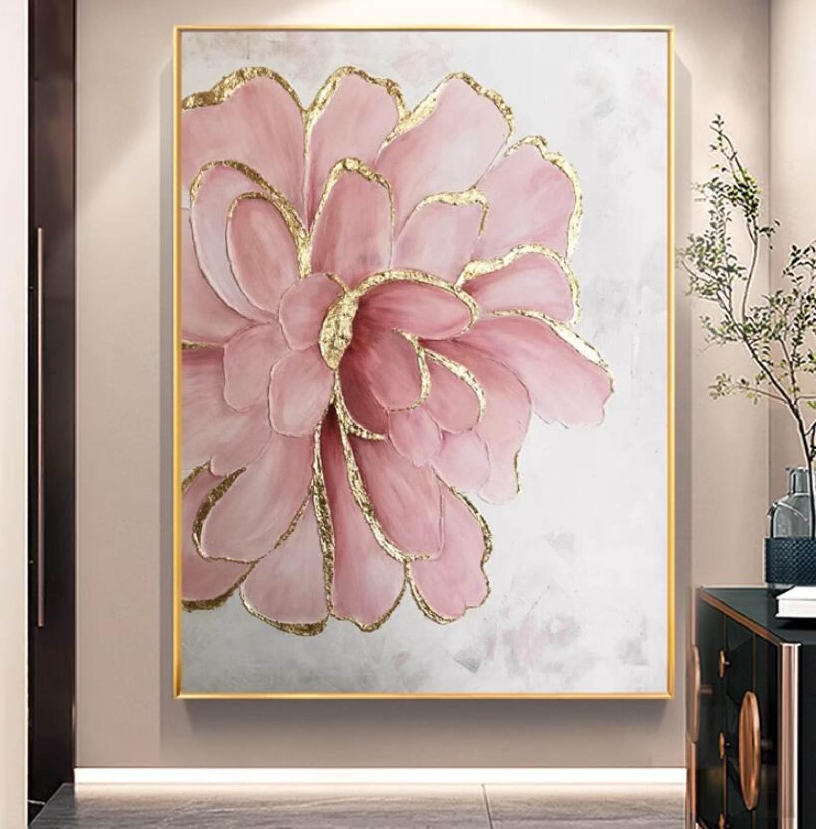 Peinture à l'huile fleurs roses abstraites grande taille murale